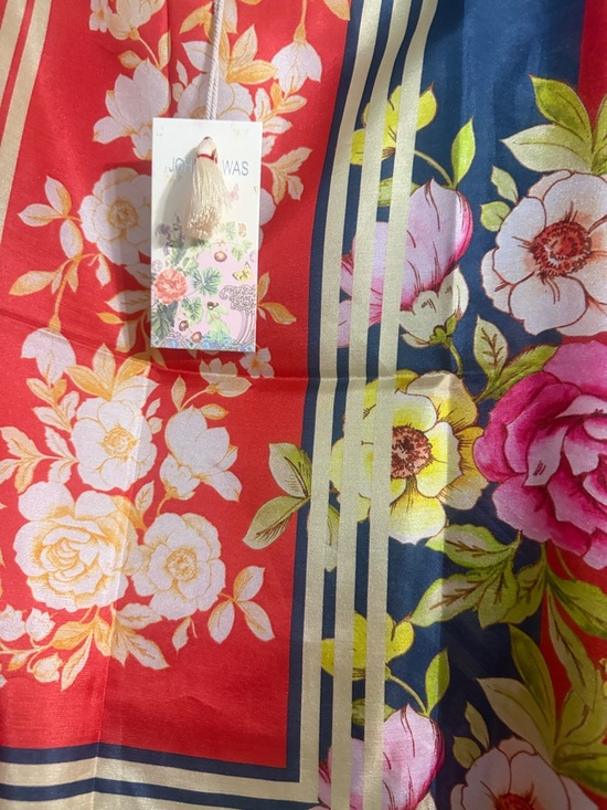 100% SILK Johnny Was Red Floral & Navy Scarf with Tassel Tag  display picture 2